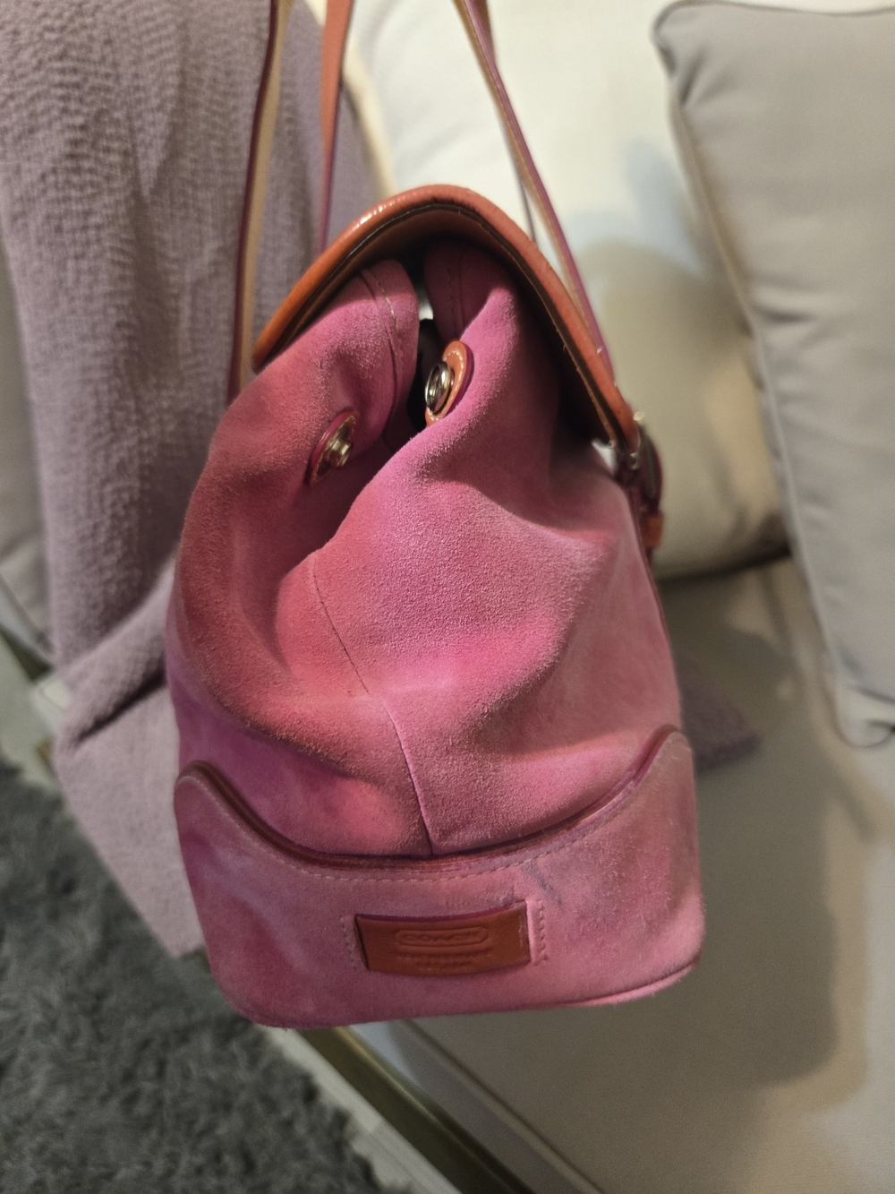 Coach Pink Suede Shoulder Bag with Tan Leather Trim - Picture 2 of 10